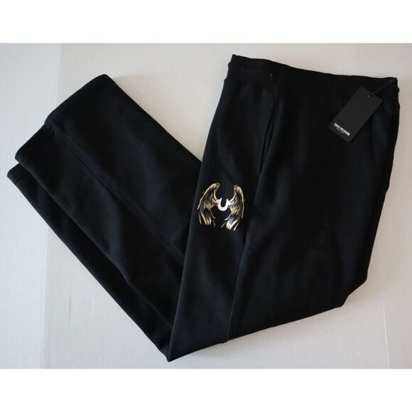 True Religion WMN Sz L Black Metallic Wing Horseshoe Straight Leg Sweatpants - Picture 11 of 14
